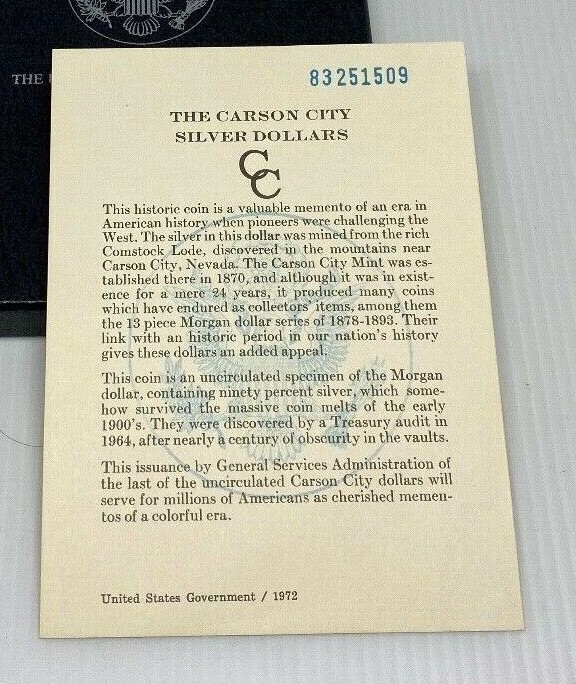 1883 GSA COA Certificate Original Card for CC Morgan Silver Dollar (1card)