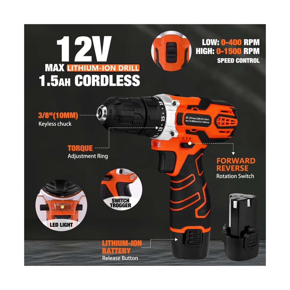 255-Piece Tool Set - Tool Kit with 12V Cordless Drill Driver, Toolbox Storage...