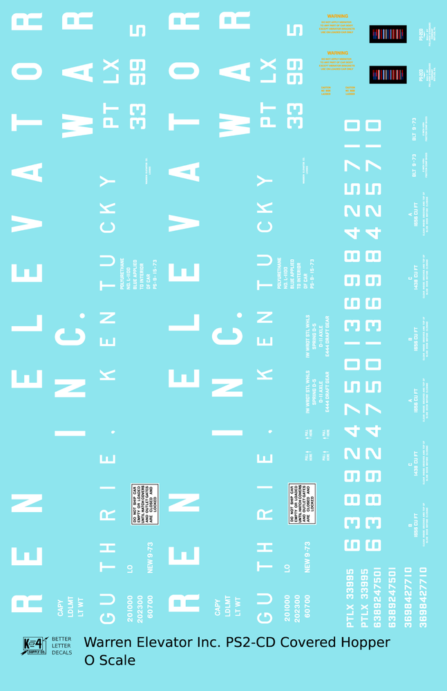 K4 O Scale Decals Warren Elevator, Inc. PS-2CD Covered Hopper Guthrie, Kentucky