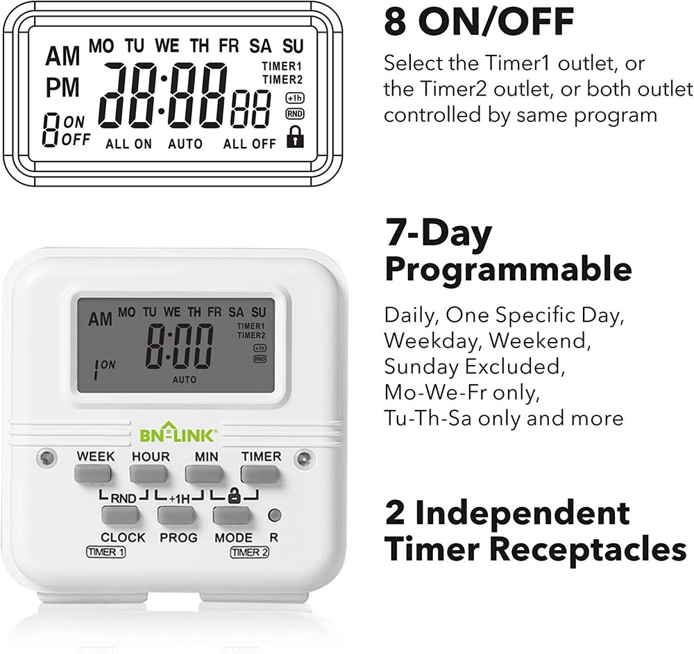 7 Day Heavy Duty Digital Programmable Timer 2Independently Plug-in Outlet Switch
