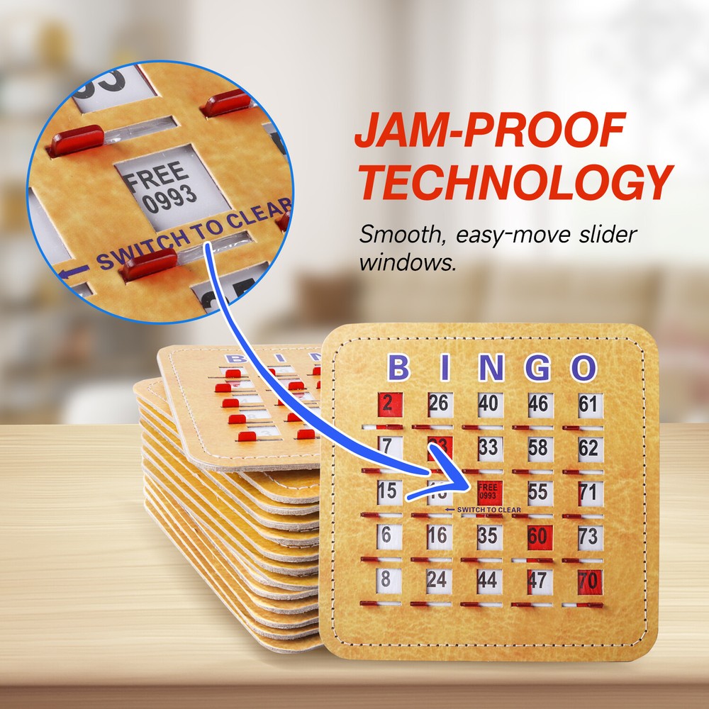 Quick-Clear Shutter Bingo Cards. Reusable Fingertip Sliding Reset Bingo Cards