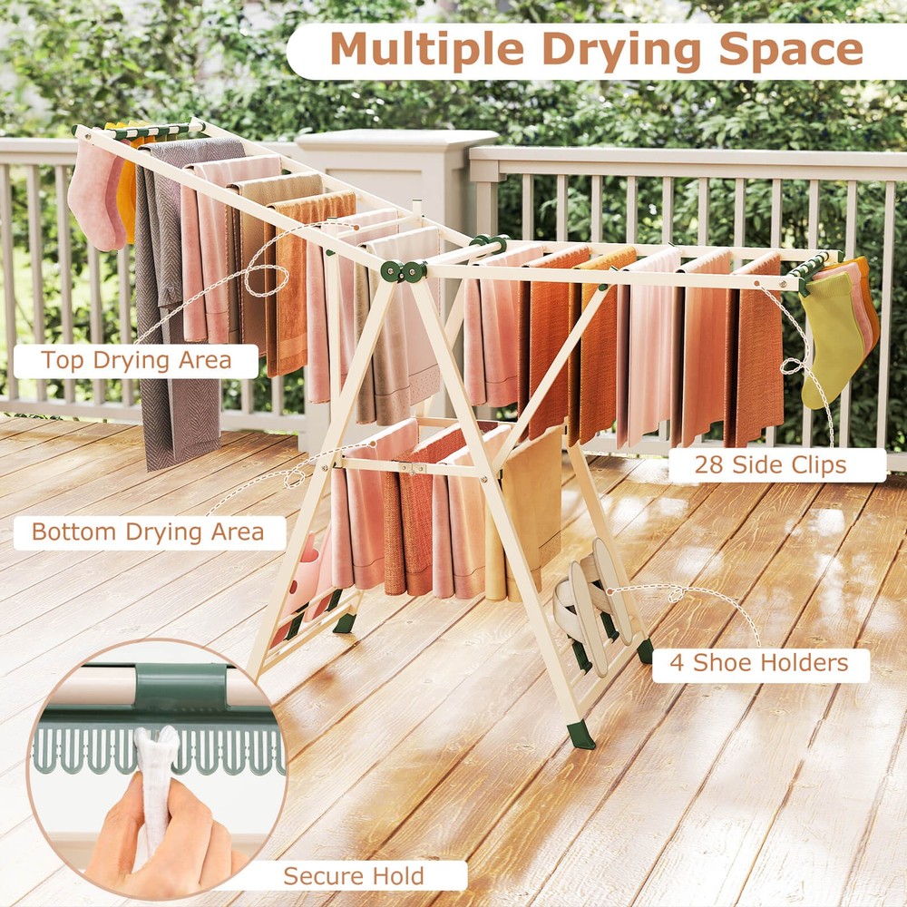 Foldable Metal Laundry Drying Rack w/Height Adjustable Wings, 18 Drying Rails