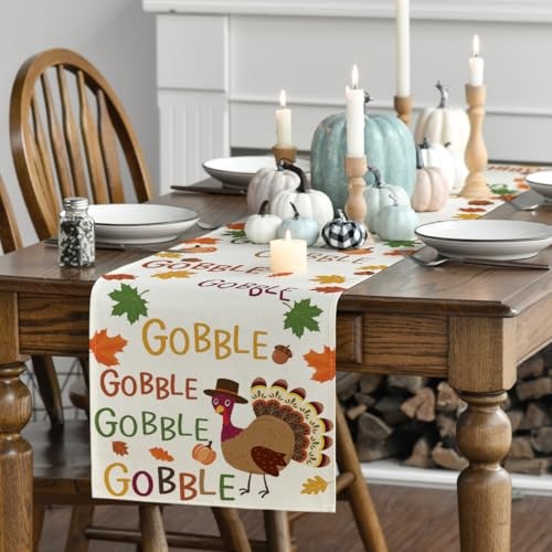 Gobble Turkey Maple Leaves Thanksgiving Table Runner, Table Runner, 13" x 108"