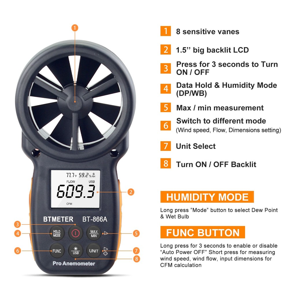Digital Anemometer Wind Speed Meter Air Flow Volume USB Backlight Handheld HVAC