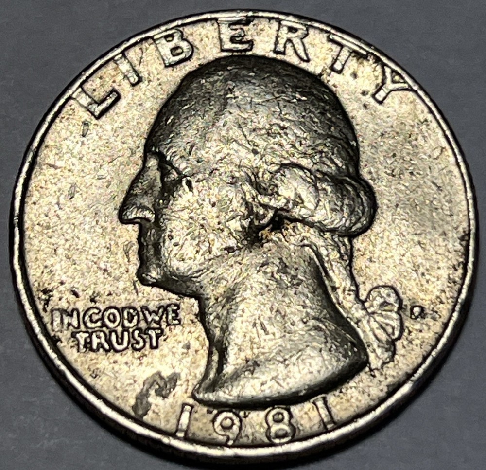 1981 P Washington Quarter Errors Strike Though Grease Unreadable Mint Mark #2