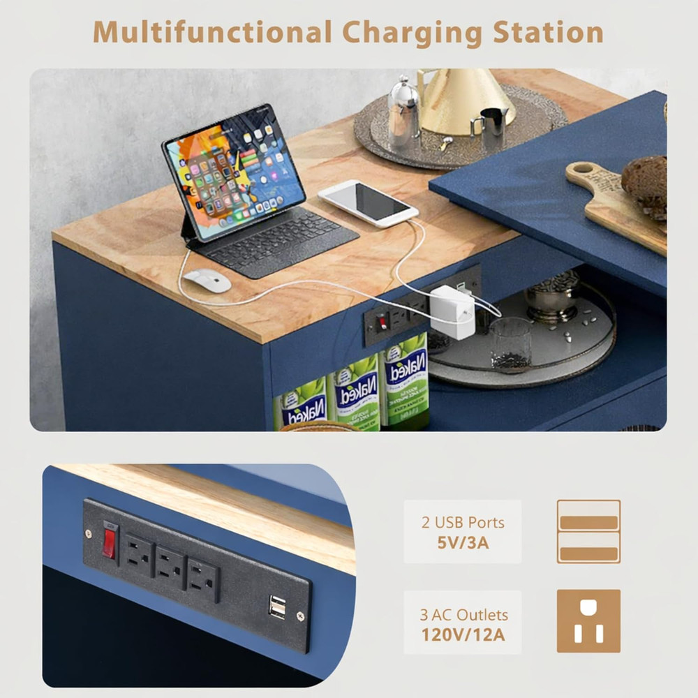 Navy Blue Rolling Kitchen Island with Extendable Table & Power Outlets