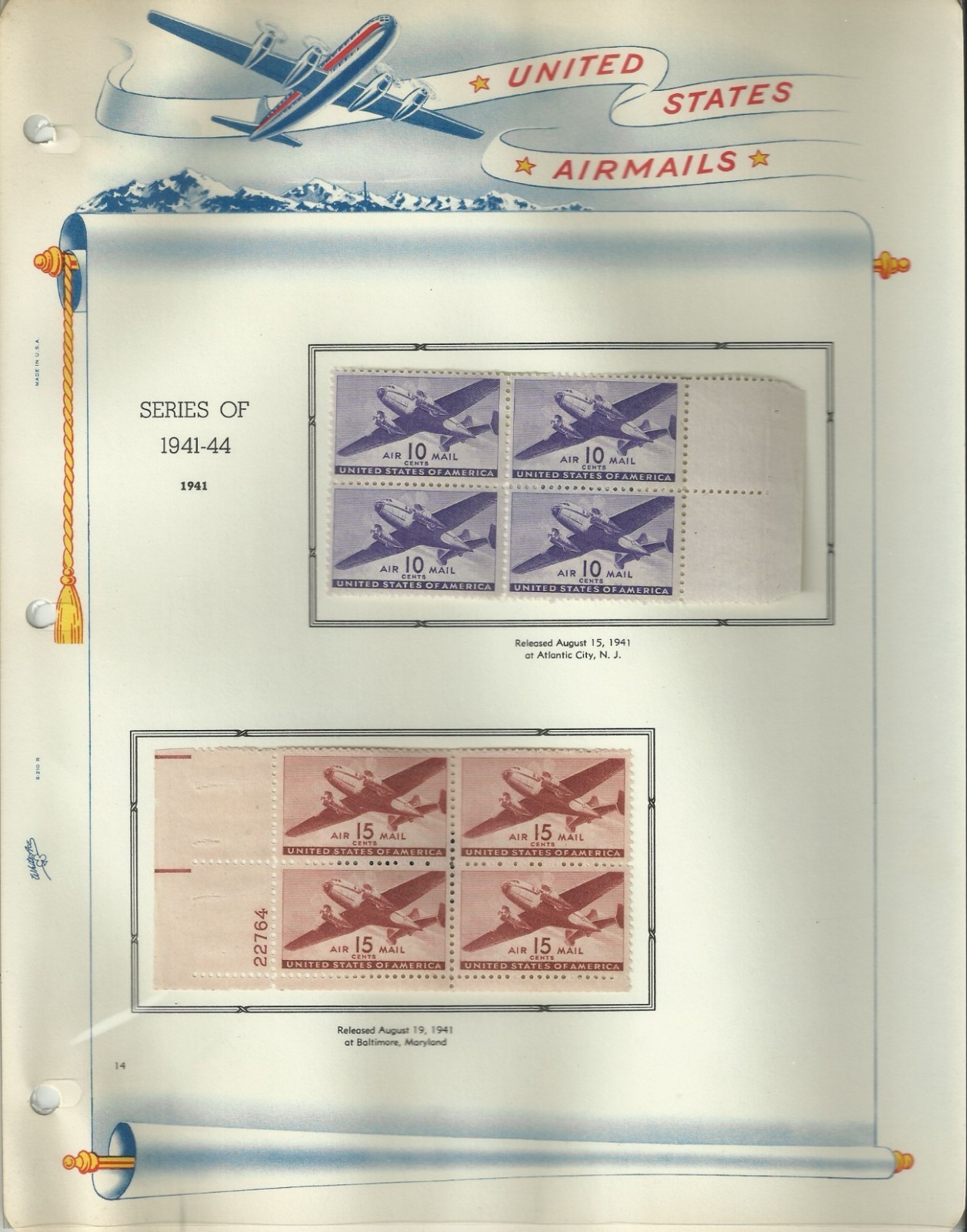 USA Stamps: Air Mail Plate Blocks & Singles on White Ace Album Pages. SCV $350+