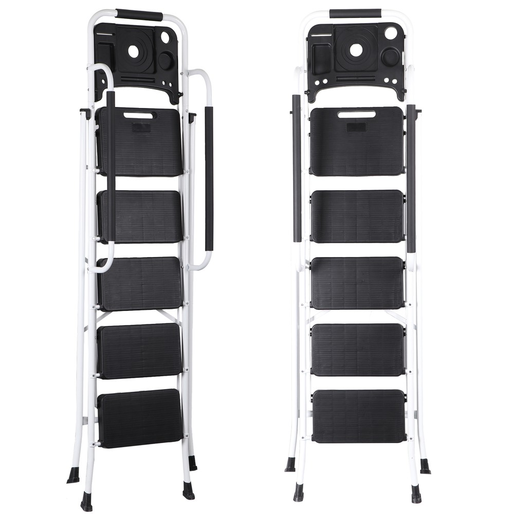 Folding 5 Step Ladder Sturdy Step Stool w/ Multi-Functional Tool Tray Household