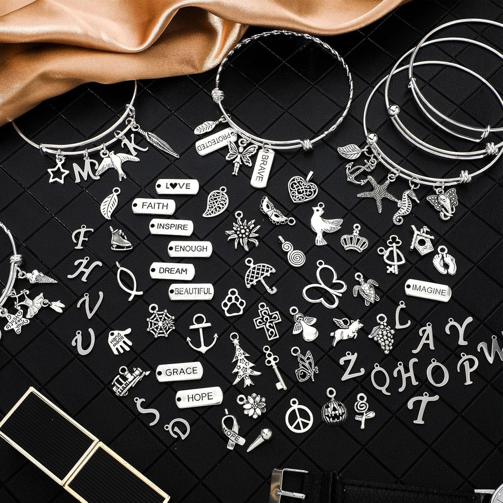 363 Pcs Charm Bracelet Making Kit Bangle Bracelets DIY Kit, 17 Silver Expandable