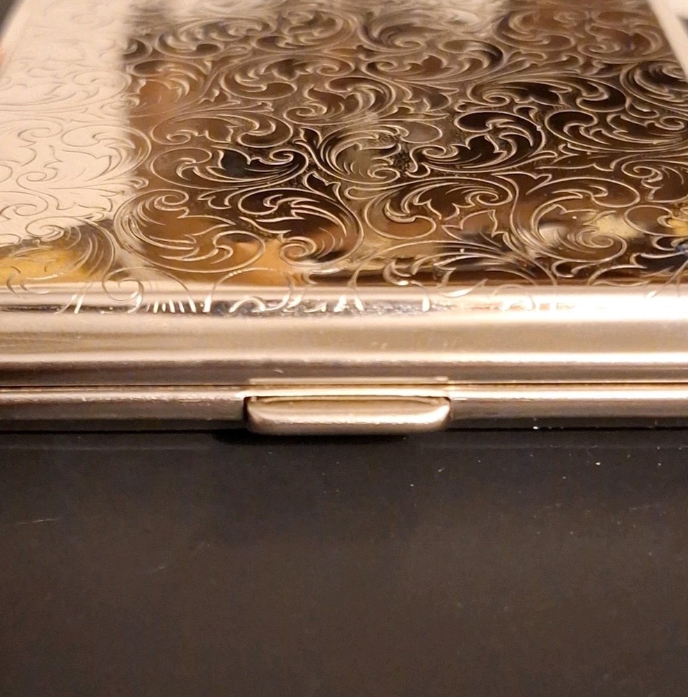 German Made Silver-Tone Etched Scroll Cigarette Case with Mirror