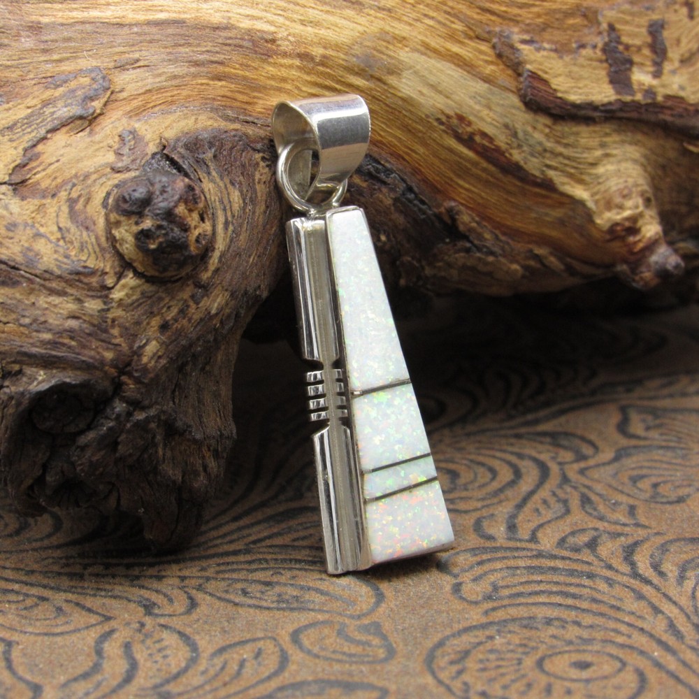 *Simple White Lab Created Opal Sterling Silver Inlay Pendant