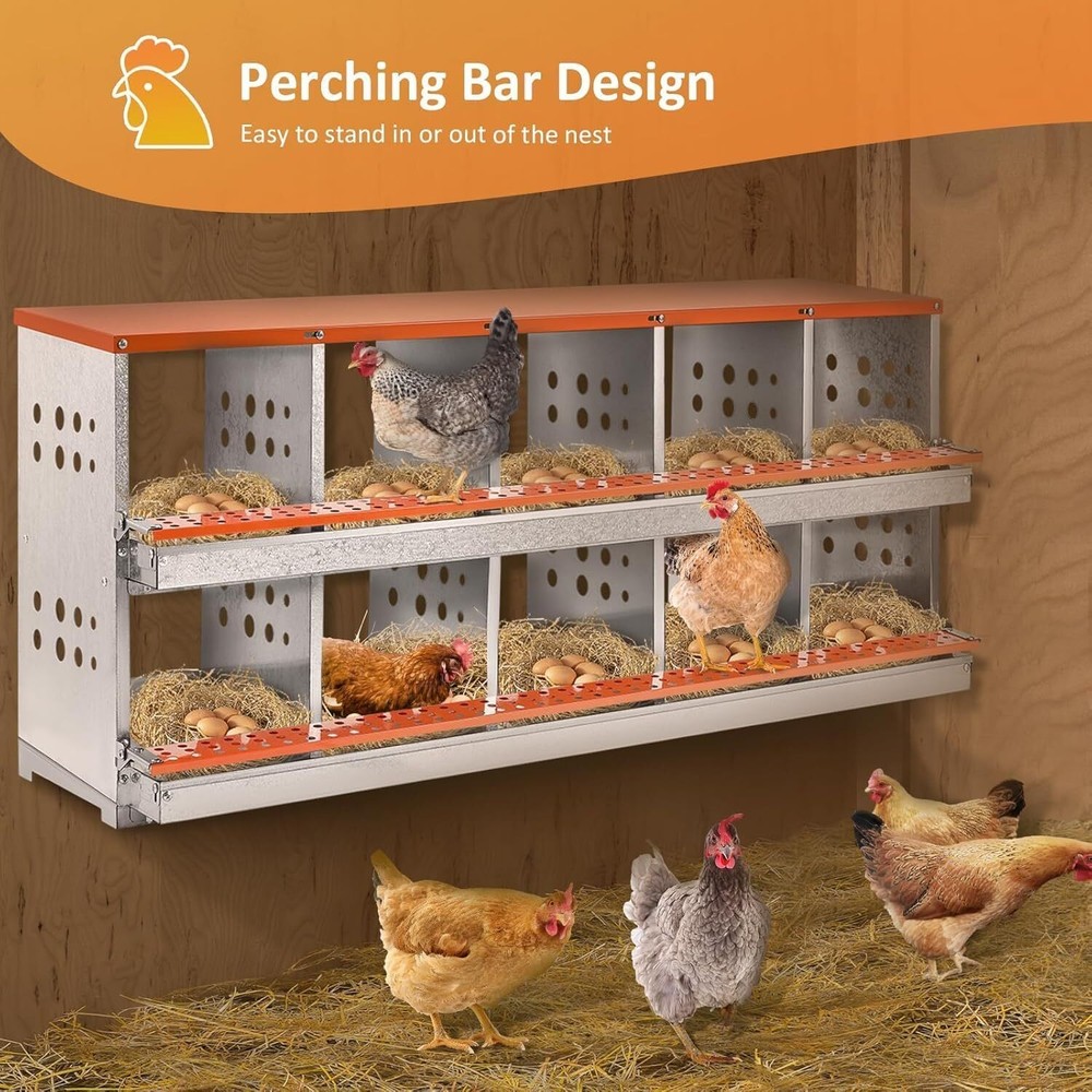 Chicken Nesting Box 10 Holes Metal Poultry Brooding Box Automatic Egg Rollout