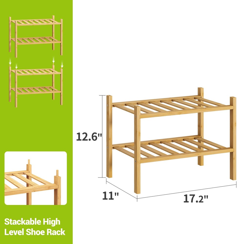 2Tier Natural Bamboo Shoe Rack Small Stackable Shelf Organizer for Entryway