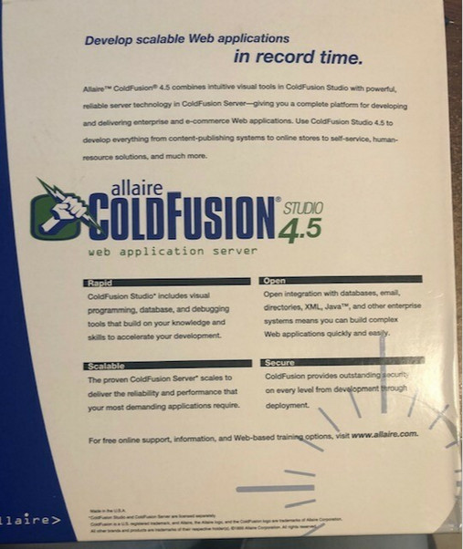 Cold Fusion Allaire ColdFusion 4.5 Studio Software for WINDOWS 95/98/ NT 4.0