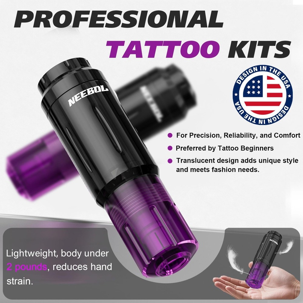 Neebol Tattoo Gun Kit for Beginners – Wireless with Medium, Purple