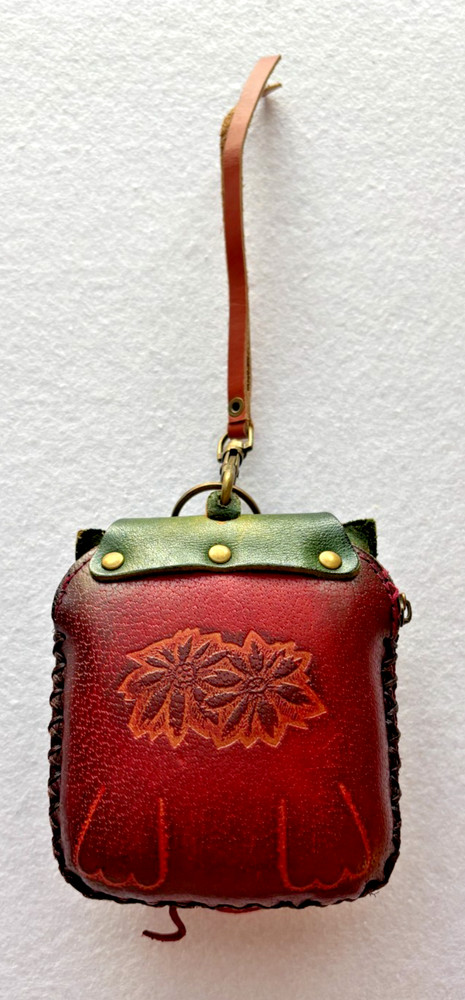Leather Cat & Mouse Coin Purse Key Ring Zip Closure