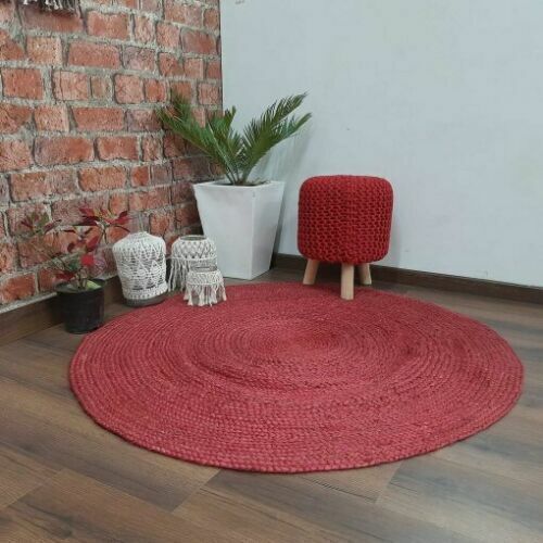 Red Round Rug Jute Reversible 100% Natural Braided Home Decor Rustic Look Rug