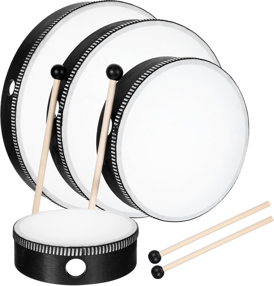4 Pack Hand Drum Set 6-12" Wood Frame Percussion Instruments Sticks Beginners
