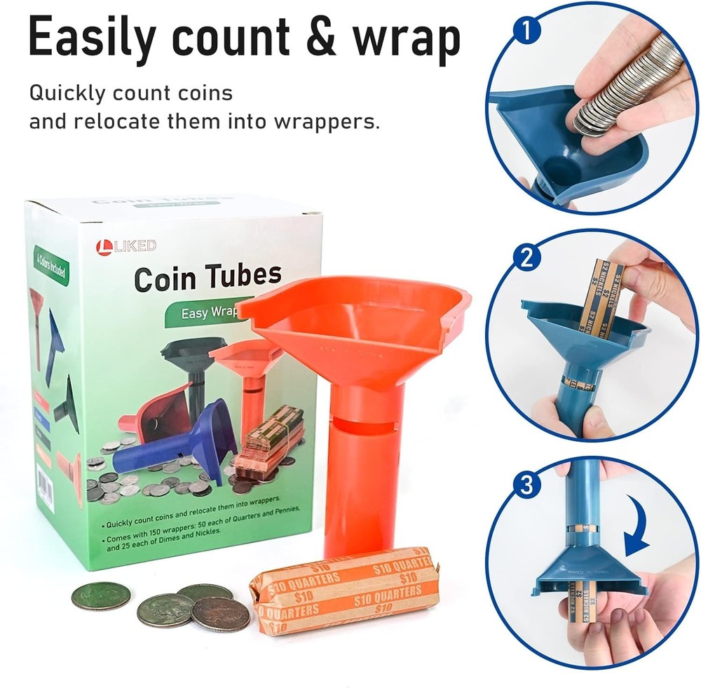 150 Assorted Coin Wrappers & 4 Color-Coded Sorter Tubes – Easy Loading