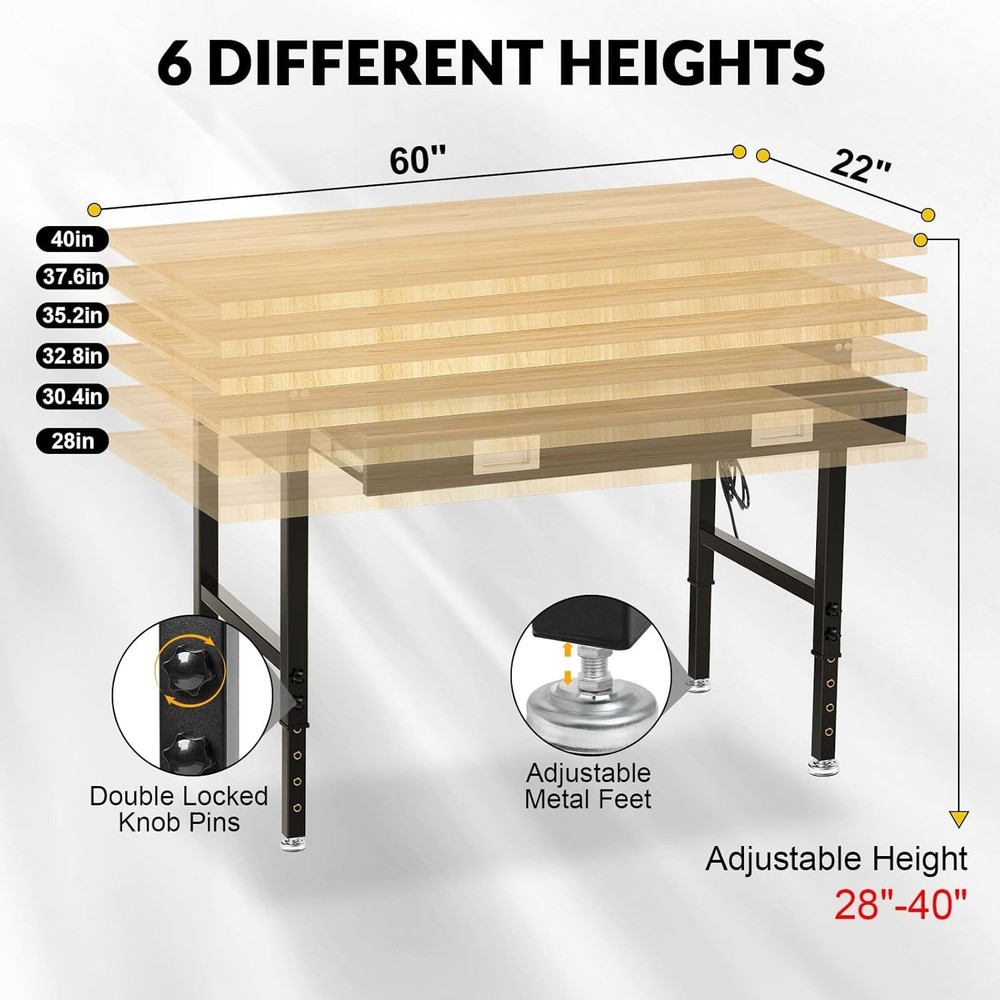 60" Workbench with Drawers, Adjustable Height Work Table, 2000 LBS Heavy-Duty,