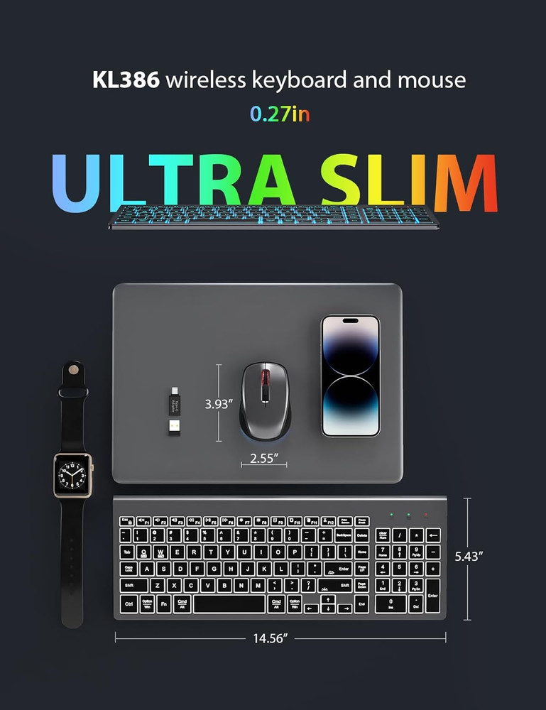 Wireless Keyboard and Mouse Combo Backlit - Compact Quiet Keyboard with RGB M...