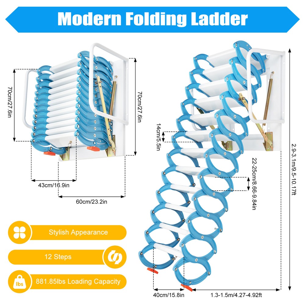 Wall-mounted Retractable Stairs For Attic Blue 12 Steps Pulldown Attic Stairs
