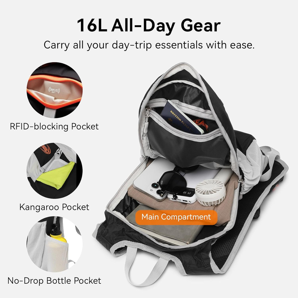 CROSSGEAR 16L RFID Hiking Backpack, Lightweight Foldable Packable Backpack, Smal