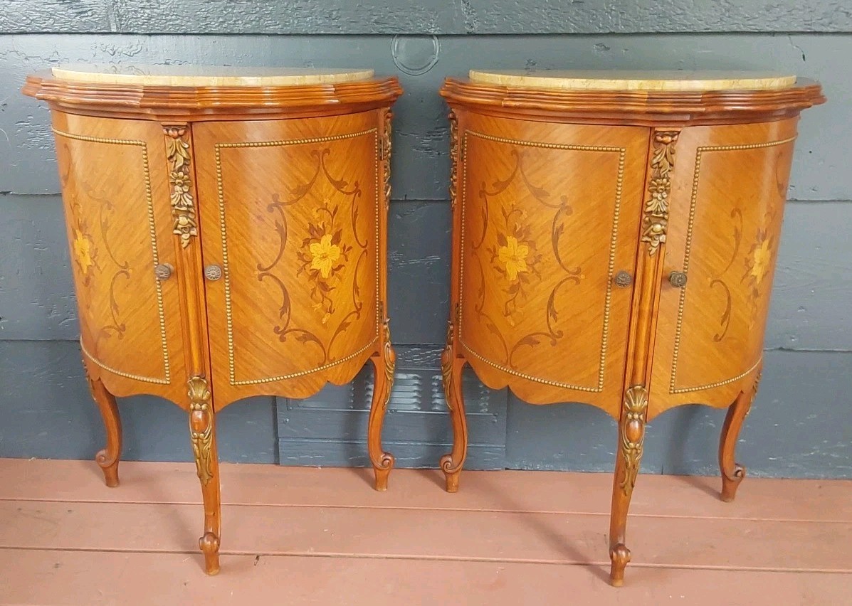 Vintage French Demilune Inlayed Wood End Tables w/Marble Tops 30 Tall X 23" Wide