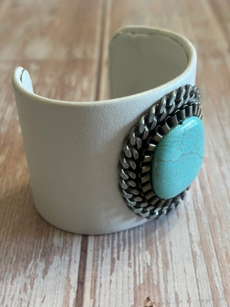 Turquoise Full Moon White Leather Cuff