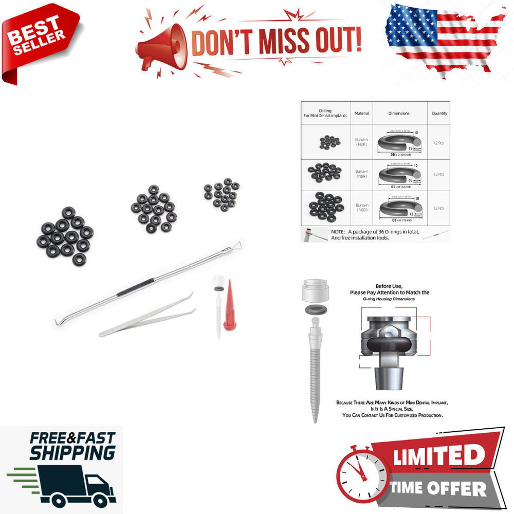 Replacement O-Ring Tool Kit for Mini Dental Implants - 3 Sizes, 36 Total