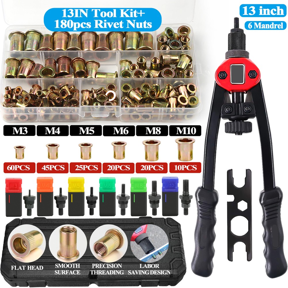 180PC Rivet Gun Nut Kit Rivnut Setting Tools NutSert Tool Hand Blind Riveter 13"