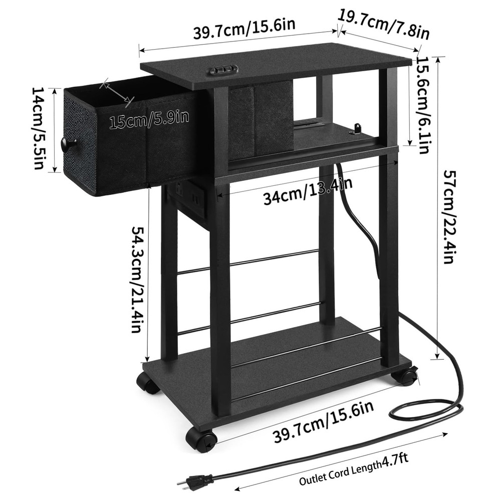 Narrow Side Table (1PC) - Black End Table with Overload Protection, Charging ...