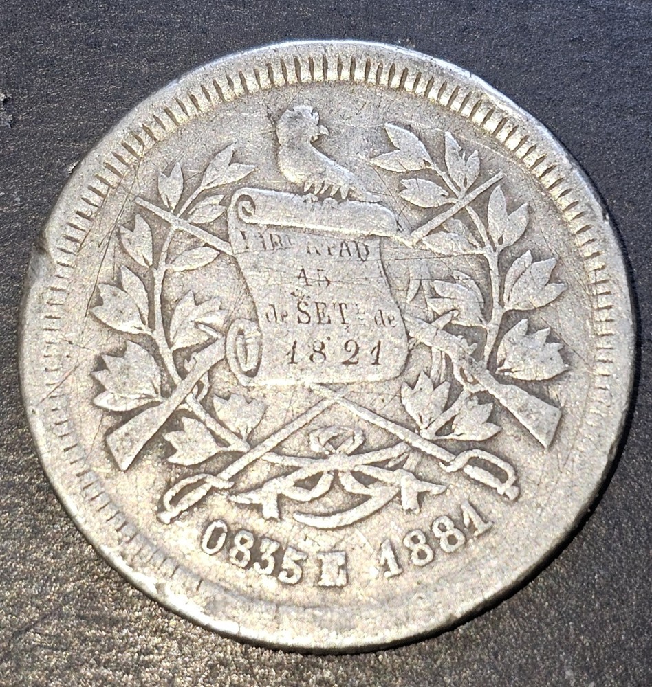 1881 E Guatemala 25 Centavos Silver Coin