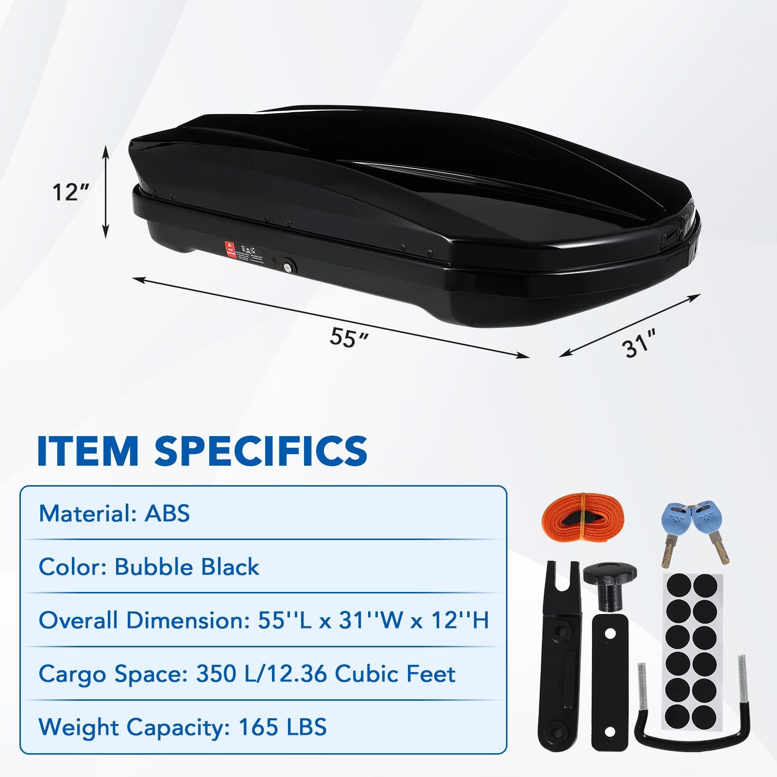 Rooftop Cargo Box Carrier, 12.36 Cu. Ft Hard Shell Roof Mount Luggage Storage
