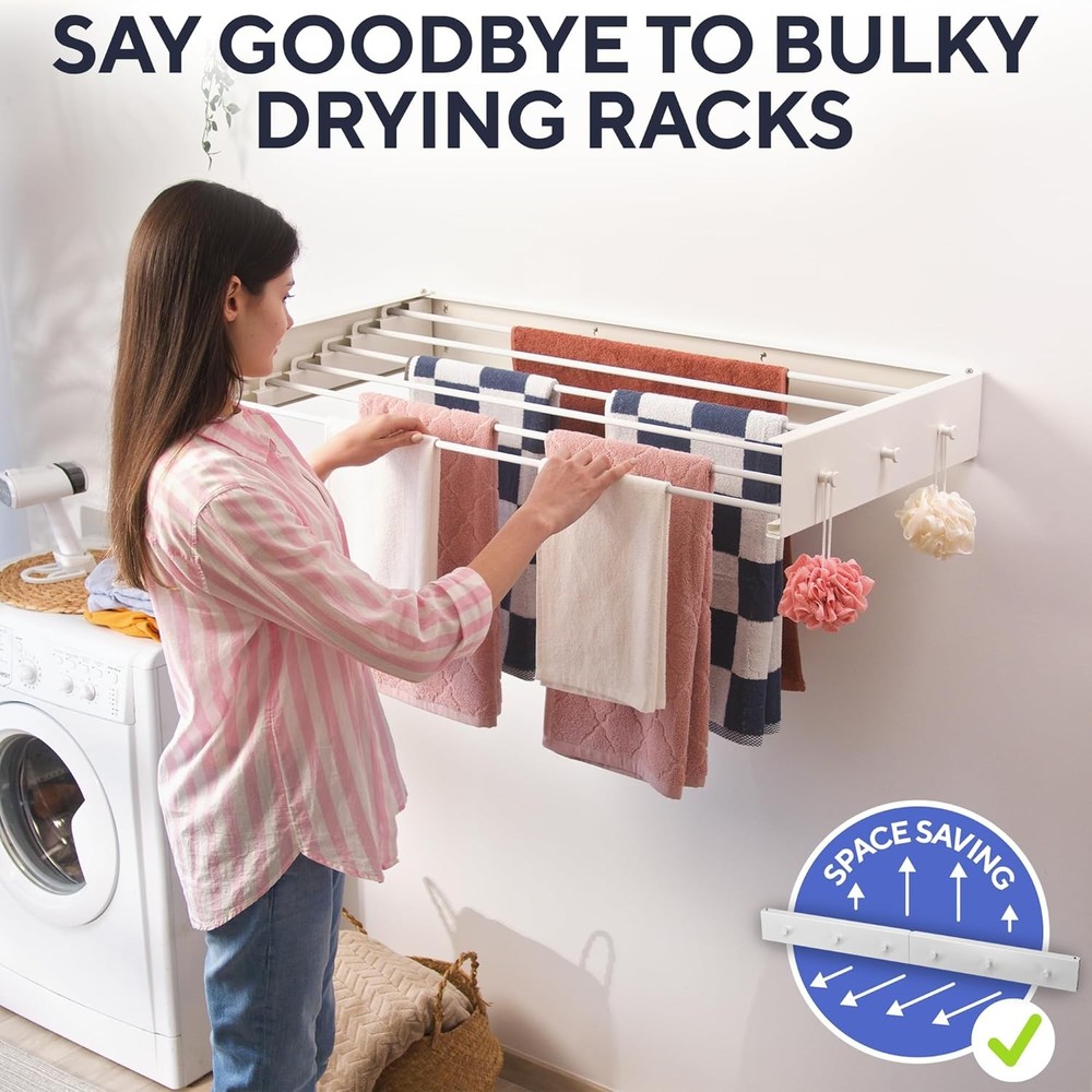 Foldable Wall Mounted Drying Rack - Easy to Install Laundry Room Racks