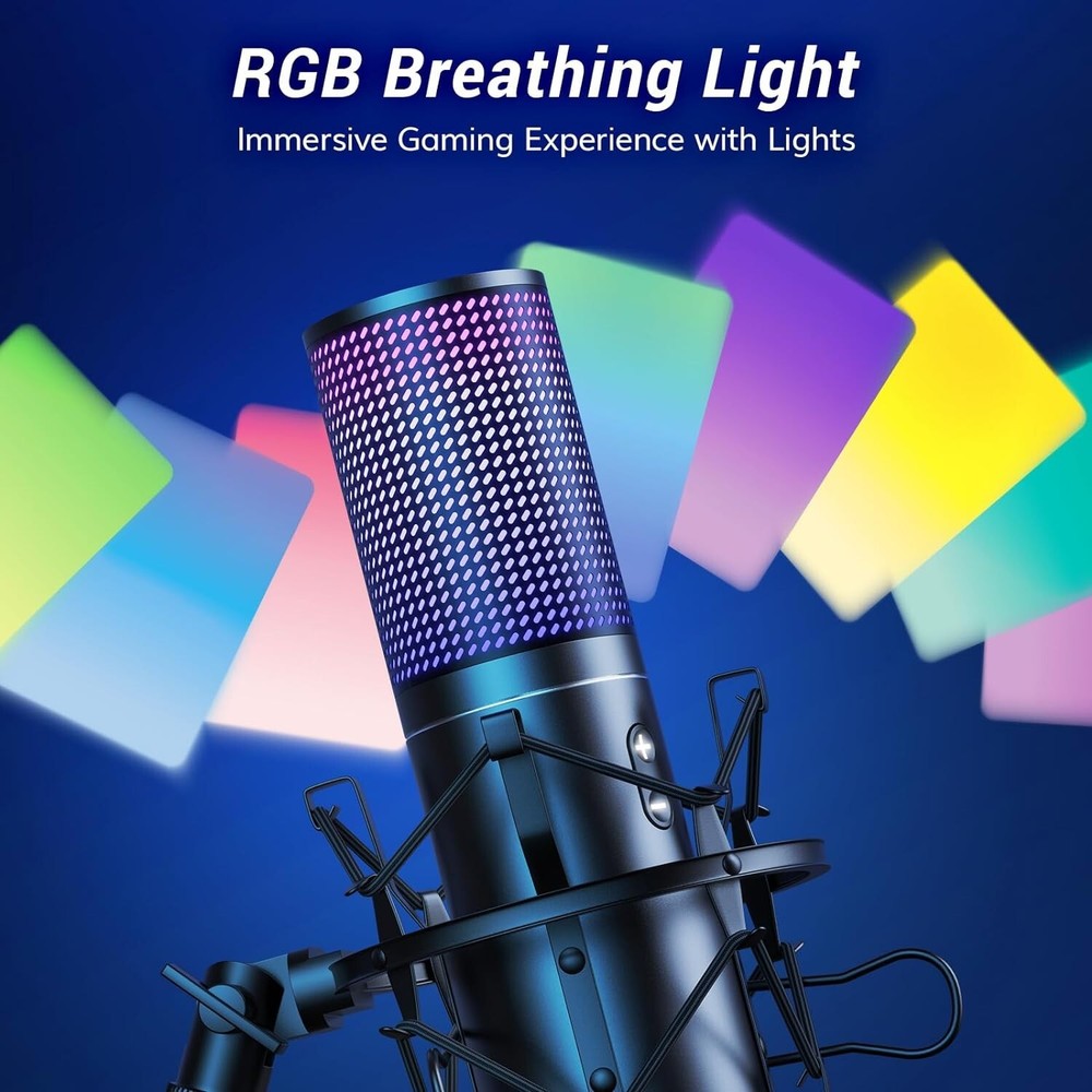 RGB Gaming Mic - USB PC Microphone with Adjustable Boom Arm - Quick Mute Button