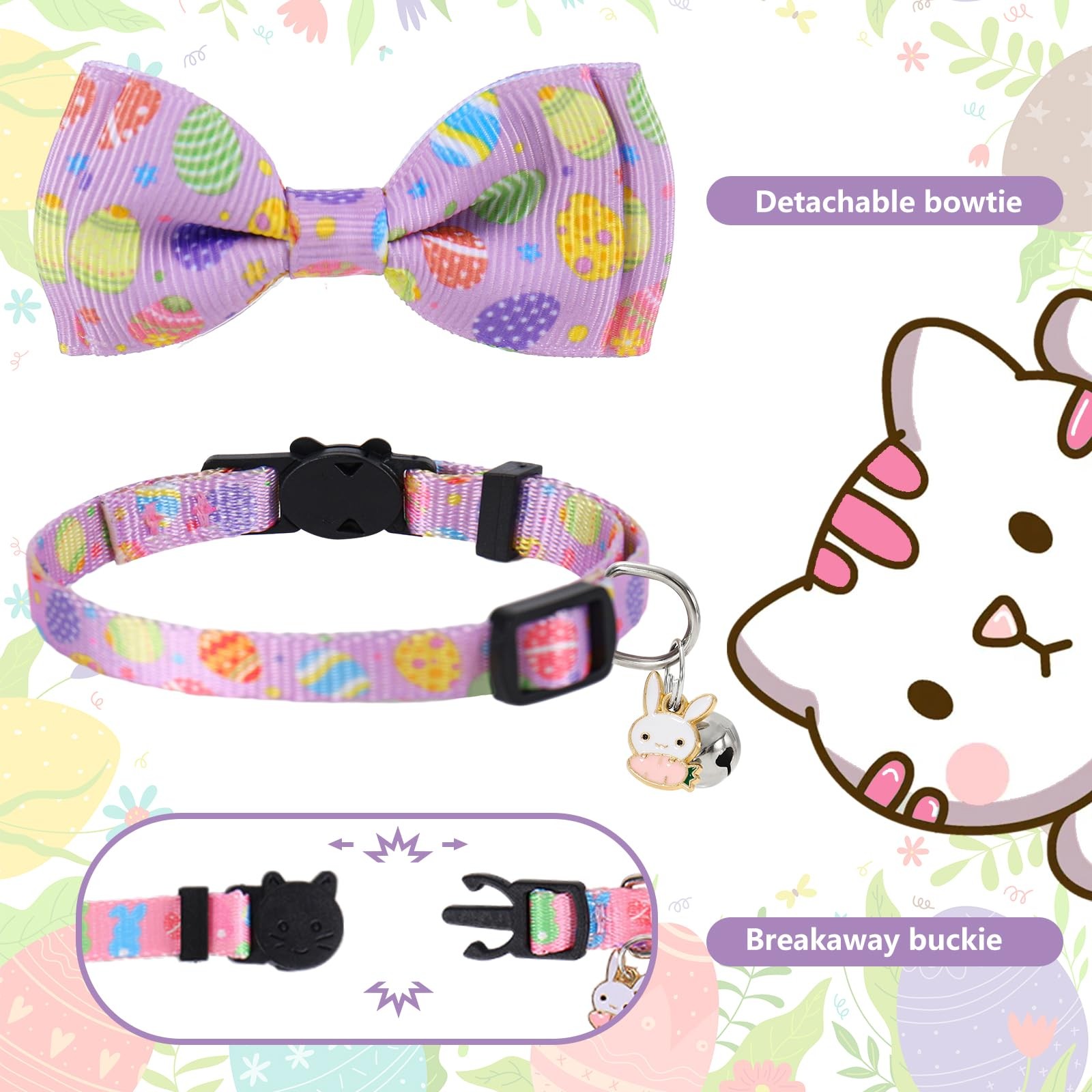 3 Pcs Easter Cat Collar with Breakaway Bell Bow Tie Rabbit Bunny Egg Adjustable