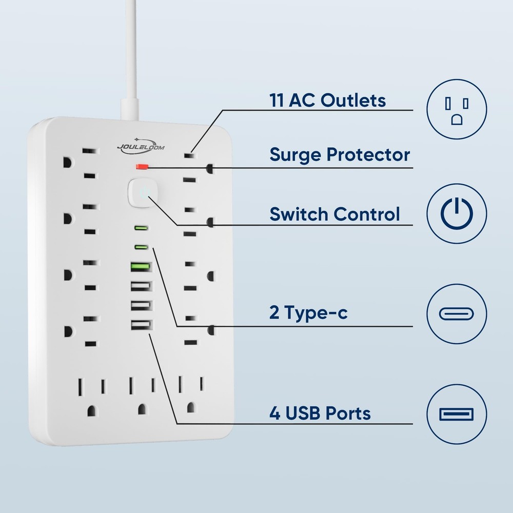 JouleLoom 6 FT Flat Plug Surge Protector Power Strip,11 Multiple 6 FT, White
