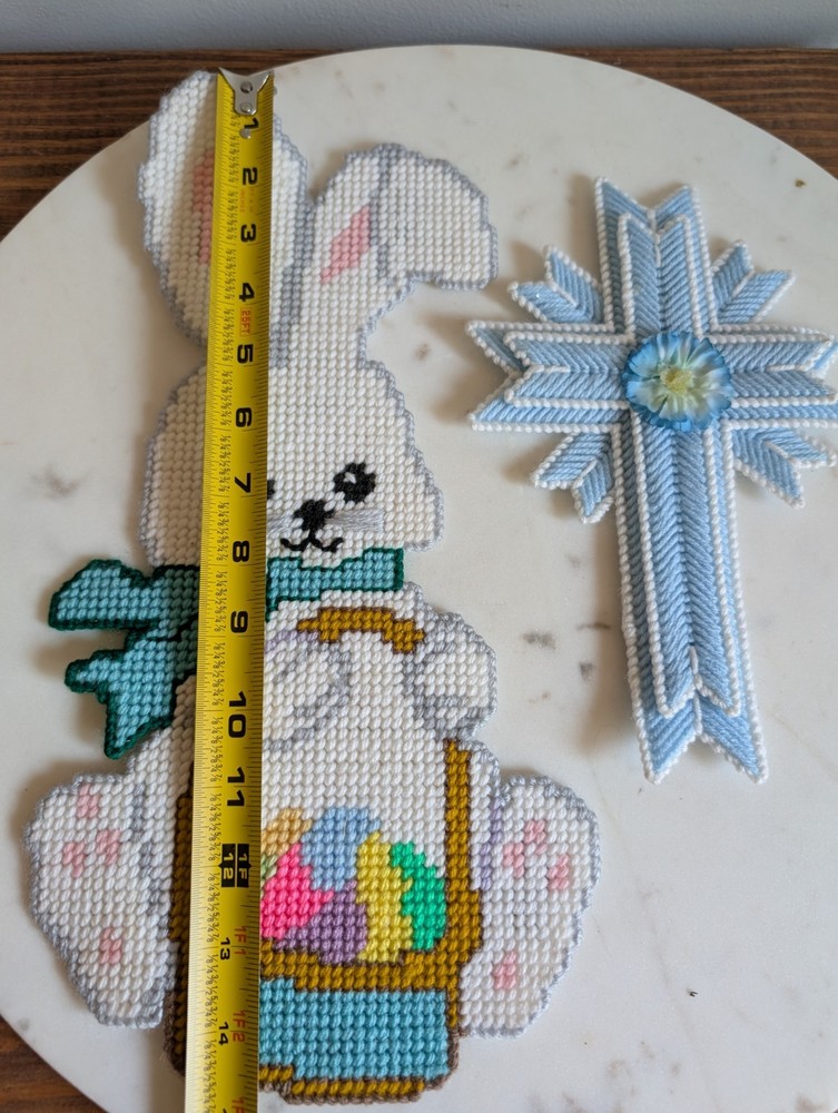 Vintage Handmade Needlepoint Easter Bunny & Cross Magnet Set Craft Spring Decor