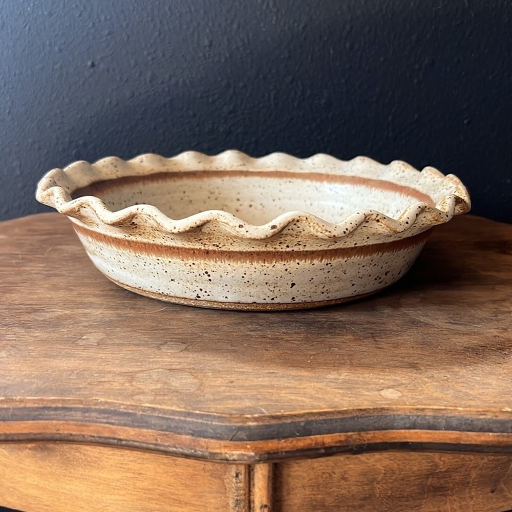 Handmade pottery pie baking dish neutral cream