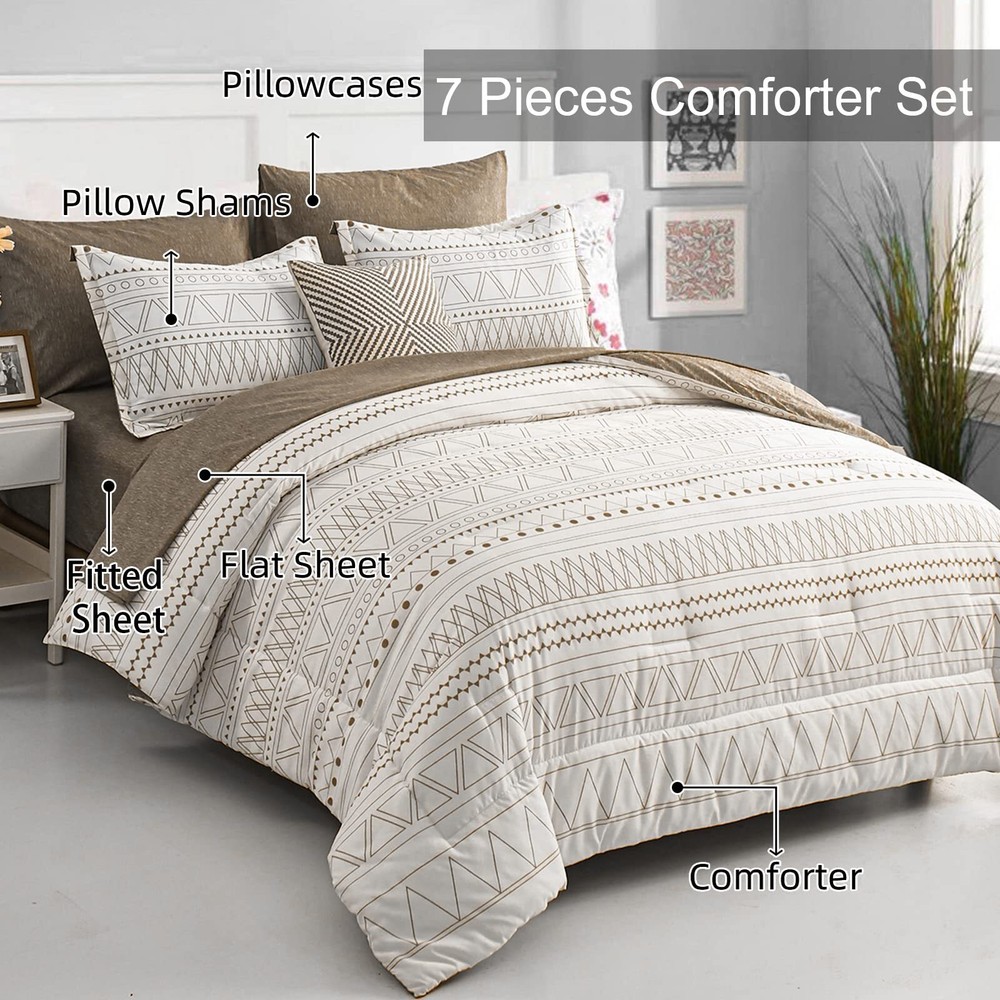 7 Pieces Brown Comforter Set King SizeBoho Bed in a Bag Geometric Stripe Comf...