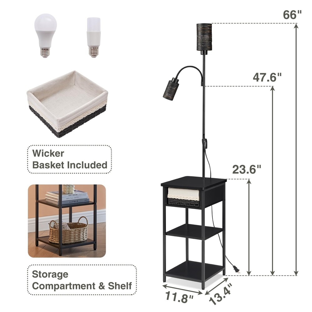 Floor Lamp with End Table, 2 Bulbs Included, Adjustable Brightness - Compact