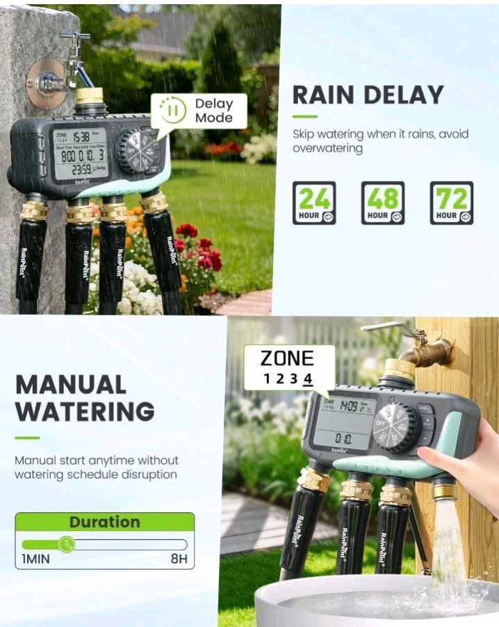 RAINPOINT Sprinkler Timer 4 Zone, Water Timer for Programmable, for Soaker Hose