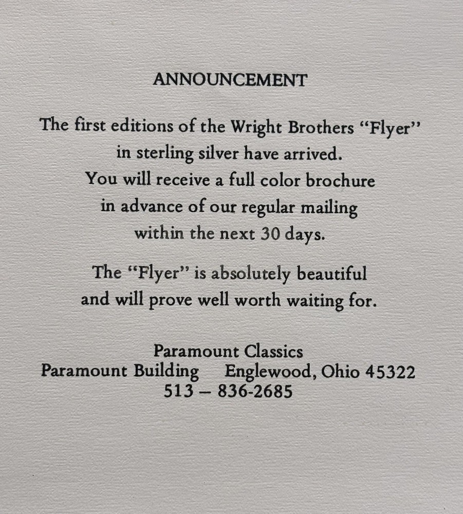 Vintage Wright Brothers 12” Flyer #96 Sterling Silver Model Paramount Classics