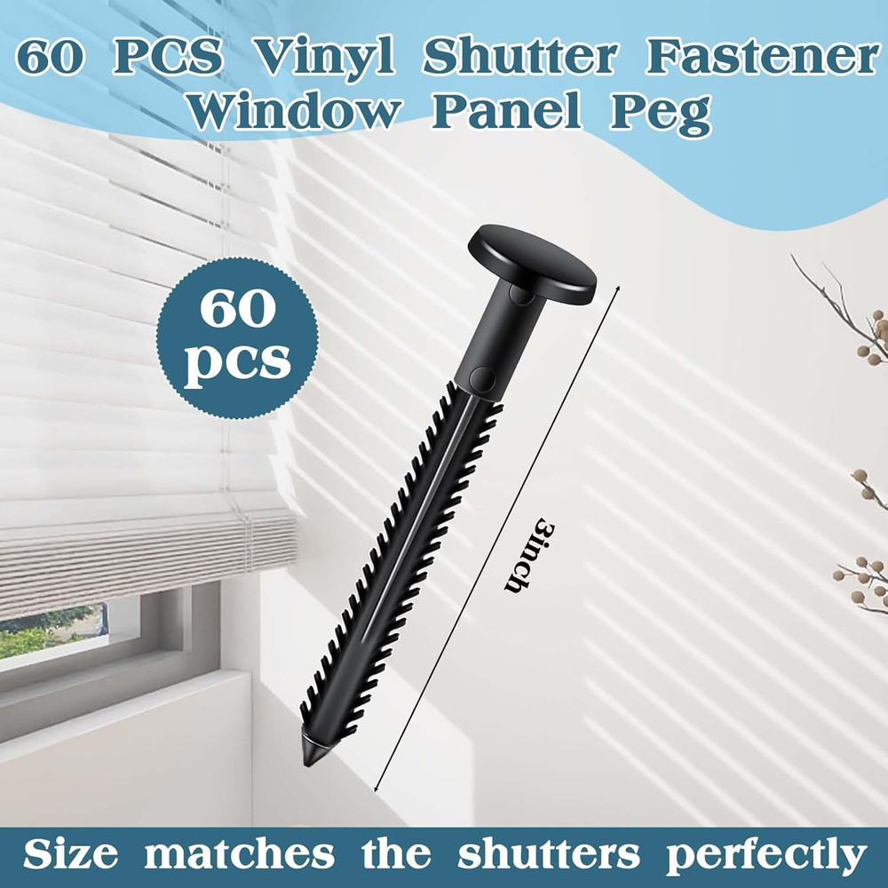 60Pcs 3 Inch Vinyl Shutter Fasteners, Black Window Shutter Panel Pegs Shutter Sc