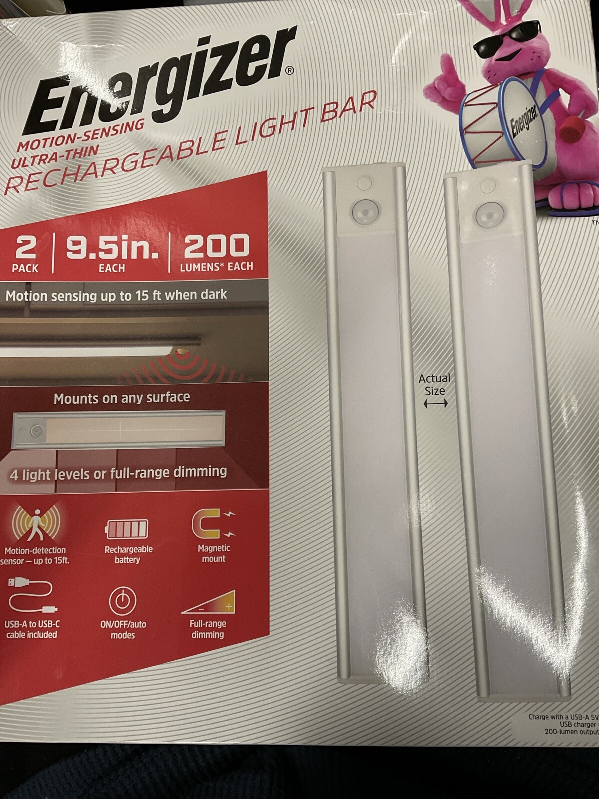 ⚡️Energizer Rechargeable 200 Lumens Light Bar, Motion-Sensing, Ultra-Thin - 2pk