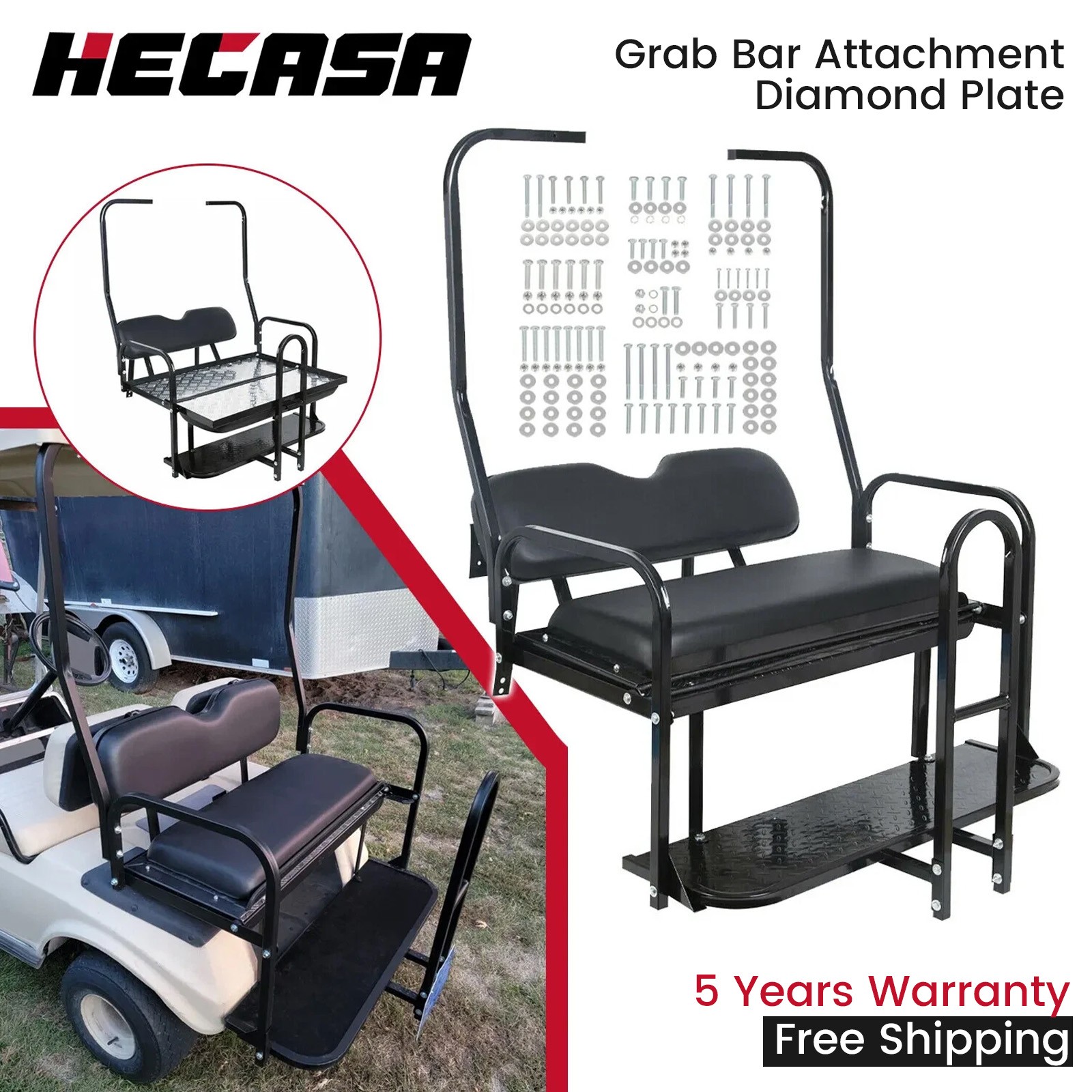 Golf Cart Rear Flip Seat Kit 1102LBS w/ Grab Bar For Club Car DS 1982-2000.5