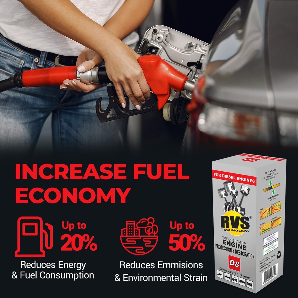 RVS Technology D8 engine treatment. Restore your engine, increase fuel economy!