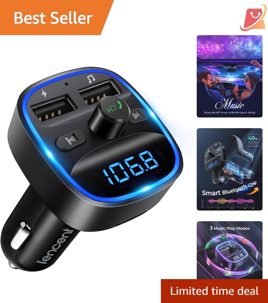 FM Transmitter Bluetooth Car Adapter 2 USB Fast Charging Hands-Free Calling