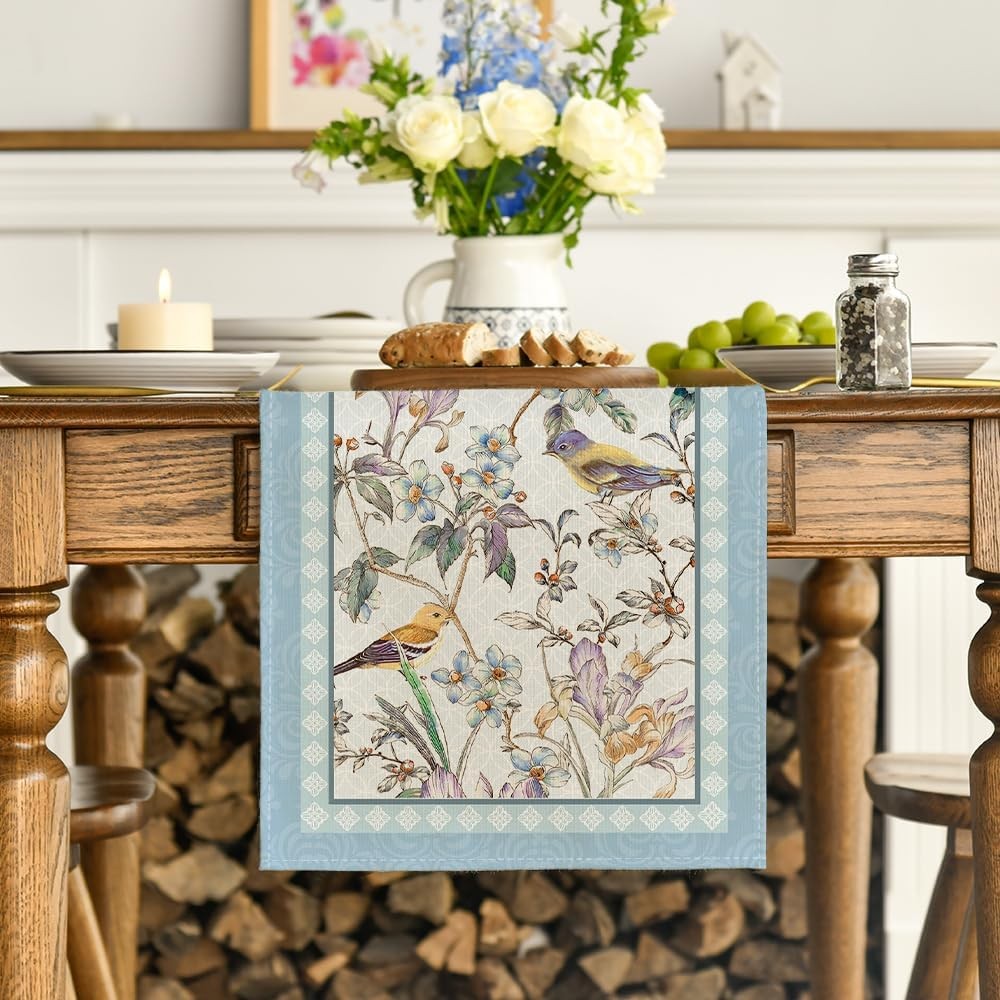 Artoid Mode Blue Birds Flowers Blossom Table Runner, Seasonal Spring Floral Kitc